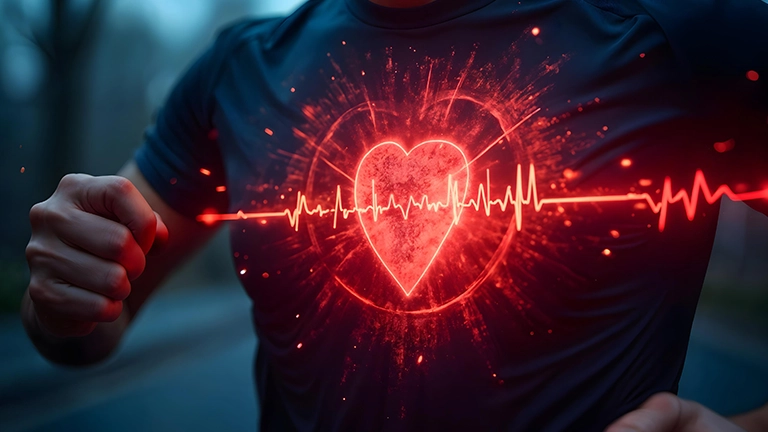 Visualisierung einer Herz-Kreislauf-Analyse: leuchtendes Herz mit EKG-Linie auf dem T-Shirt eines joggenden Mannes – Symbol für Herzgesundheit und Prävention