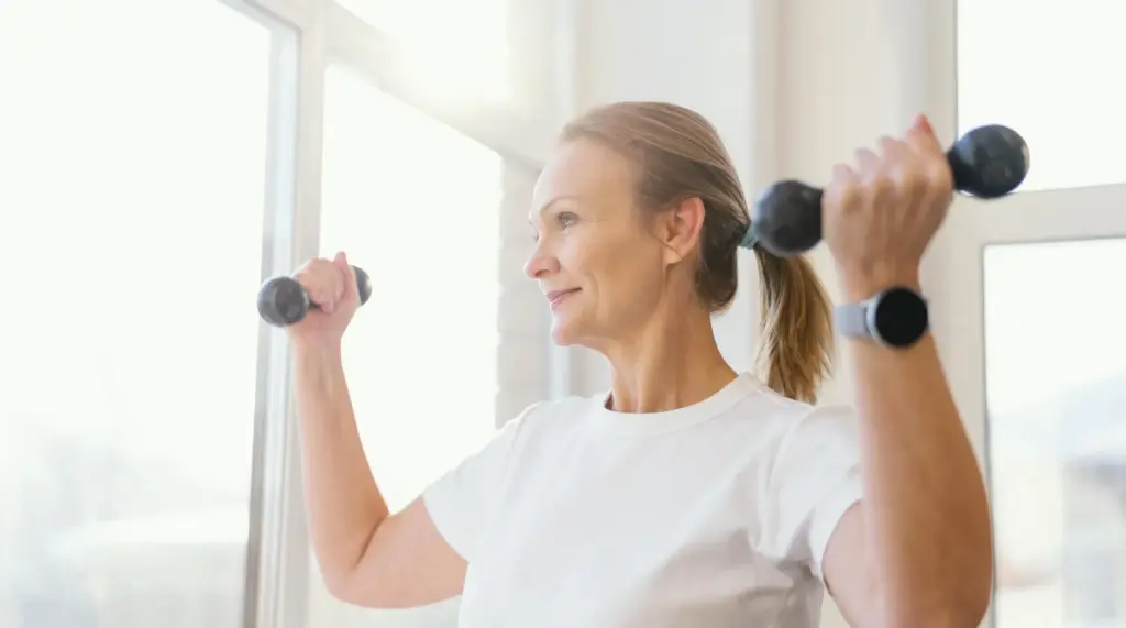 Frau mittleren Alters macht zuhause ein Workout um auch ab 40 fit zu bleiben.