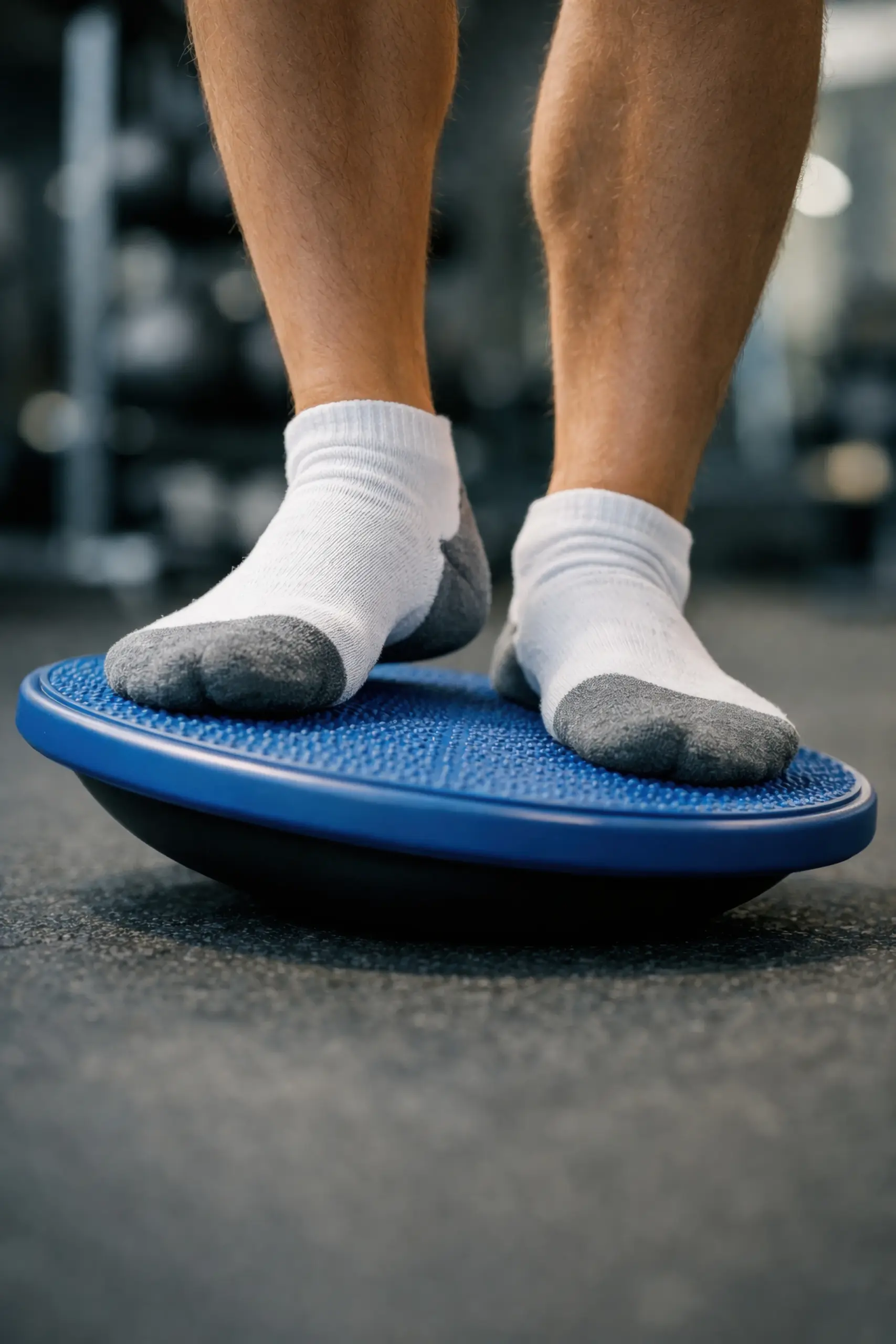 Gleichgewicht trainieren 1 Füße in Socken auf einem blauen Balancekissen beim Gleichgewichtstraining