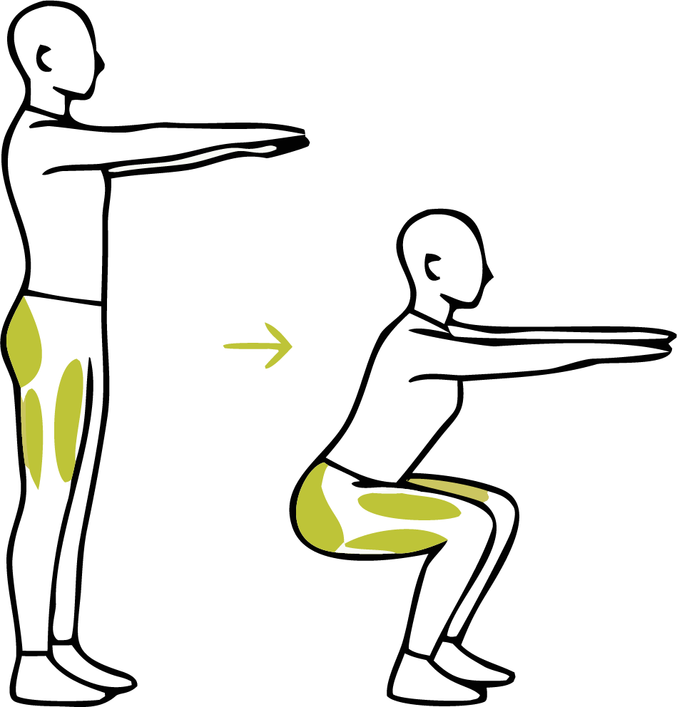 Illustration einer Kniebeuge in der Seitenansicht mit nach hinten geschobener Hüfte