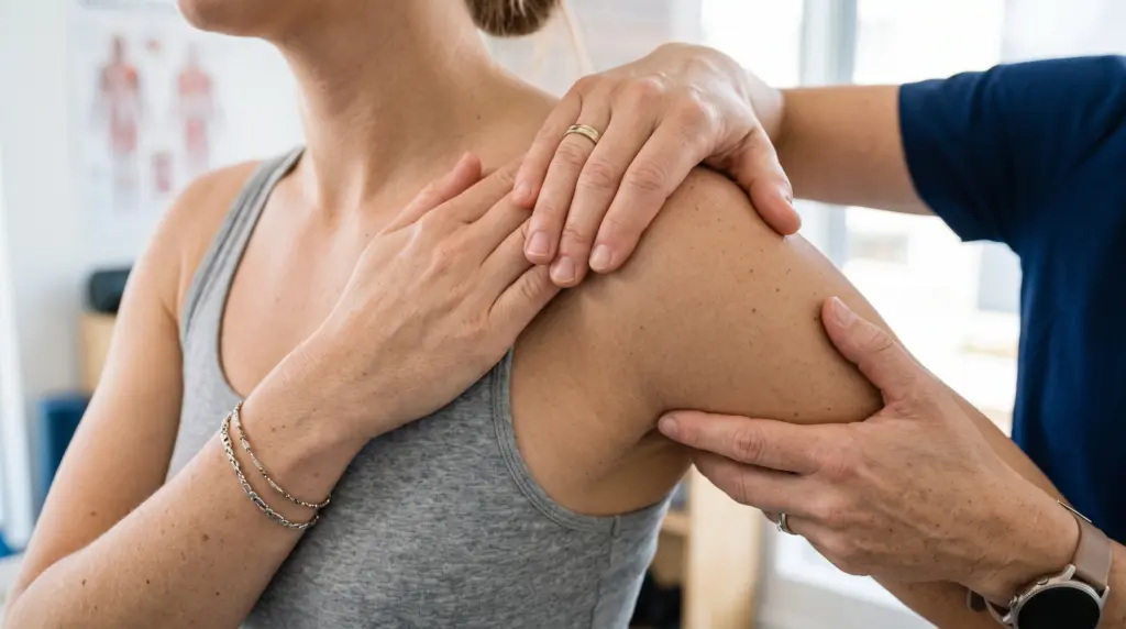 Seniorensport Augsburg 3 Therapeutin untersucht die Schulter einer Patientin mit beiden Händen
