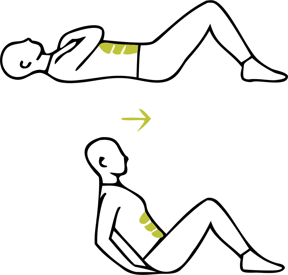 Illustration eines Sit-ups in Rückenlage mit aufgestellten Füßen und aufgerolltem Oberkörper